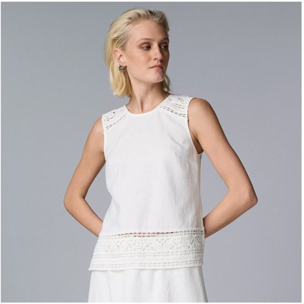Simply Vera Wang Crochet Trimmed Crewneck Linen Blend White Tank Top XL